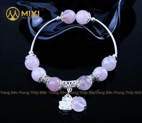 VT Đá Thạch Anh Hồng Madagascar 2A_10 Mix Charm Mèo Thần Tài Treo Bạc 999_BMTT01