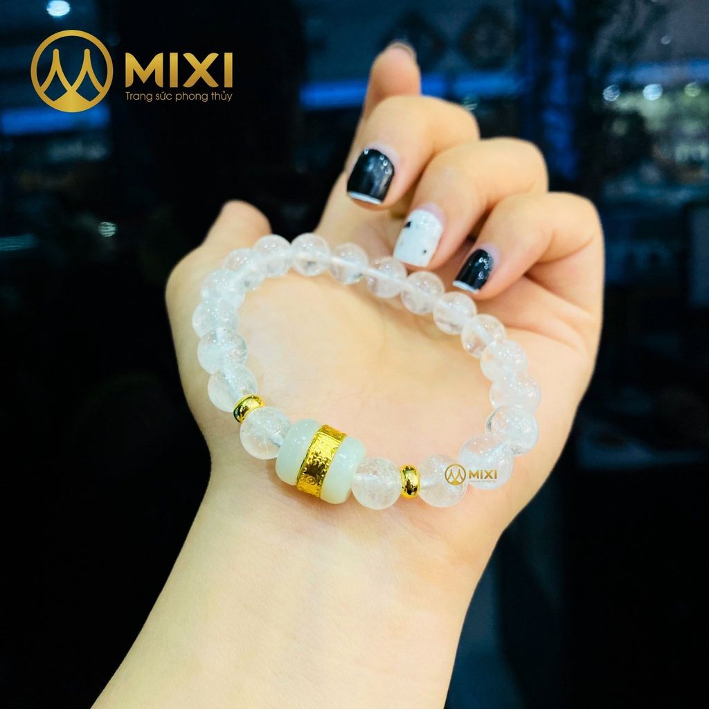 Vòng Tay Thạch Anh Ưu Linh Trắng 2A_8 Mix Lu Thống Nephrite Mạ Vàng