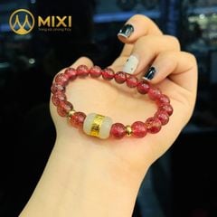 Vòng Tay Thạch Anh Dâu Tây Hồng 2A_8 Mix Lu Thống Nephrite Mạ Vàng
