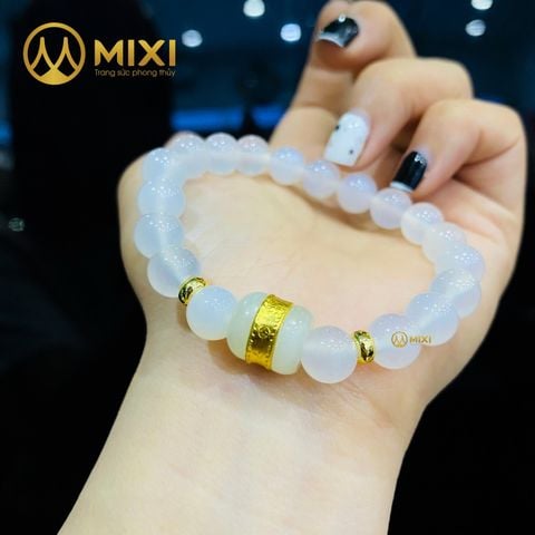 Vòng Tay Mã Não Trắng_8 Mix Lu Thống Nephrite Mạ Vàng