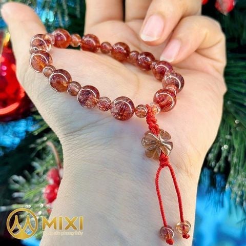 Vòng Tay Thạch Anh Tóc Đỏ Mix Cỏ 4 Lá Tóc Đỏ