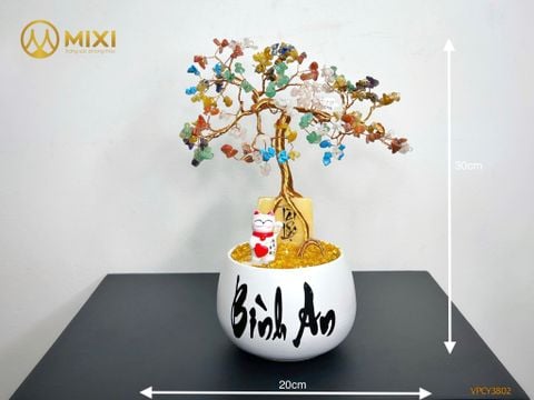 Cây Tài Lộc Hũ Tròn Chữ Bình An Thạch Anh Đa Sắc