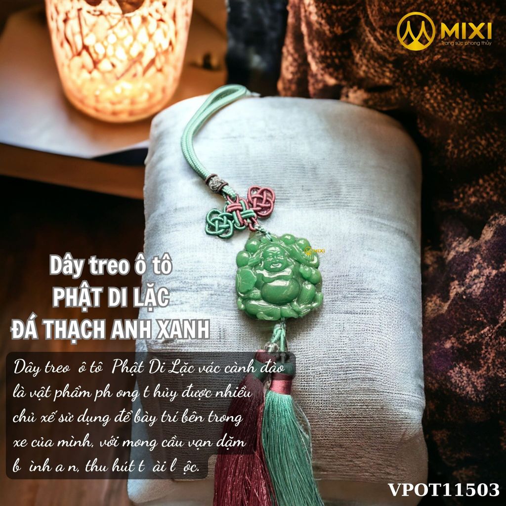 Khánh Treo Ô Tô Phật Di Lặc Vác Cành Đào Thạch Anh Xanh Cát Tường