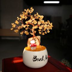 Cây Tài Lộc Hũ Tròn Chữ Bình An Thạch Anh Vàng