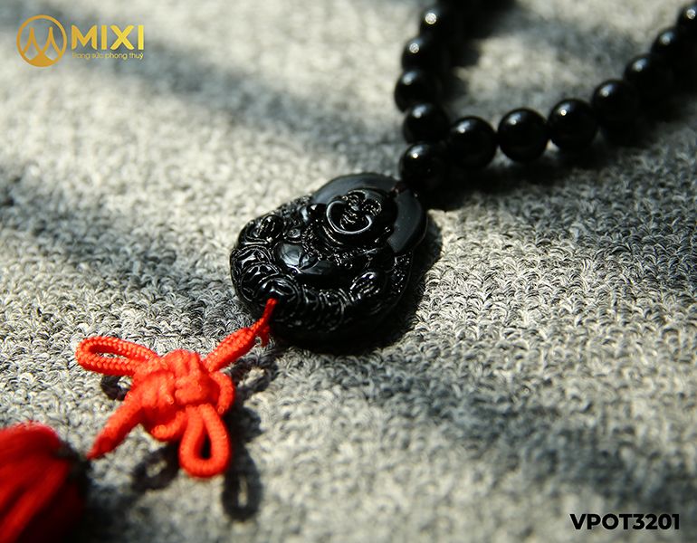 Dây Treo Ô Tô Mặt Phật Di Lặc Núi Lửa Obsidian Mix Đá Núi Lửa Obsidian