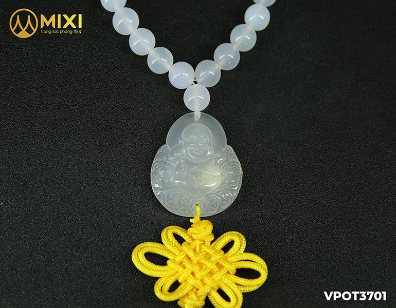 Dây Treo Ô Tô Mặt Phật Di Lặc Mã Não Trắng Mix Đá Mã Não Trắng