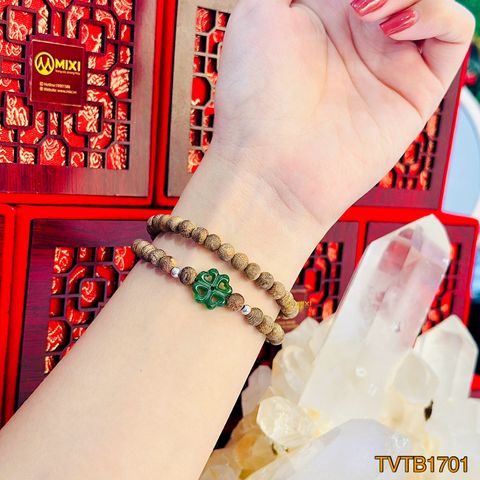 Vòng Tay Quấn 2 Gỗ Trầm Hương Tốc Vườn 6 Mix Mặt Đá Ngọc Bích Nephrite Cỏ 4 Lá Rỗng