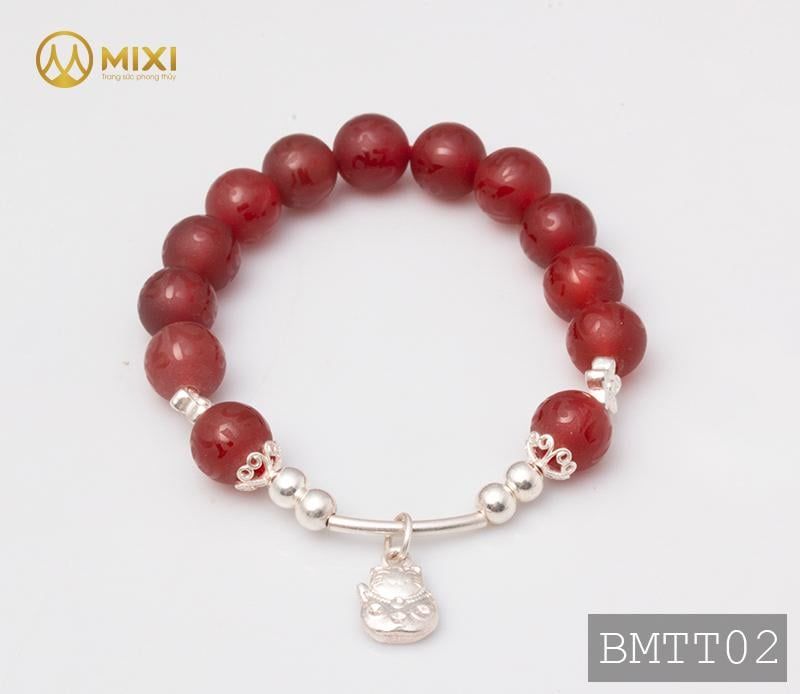 VT Đá Mã Não Đỏ Nhám Kinh Phật_10 Mix Charm Mèo Thần Tài Treo Bạc 999_BMTT02
