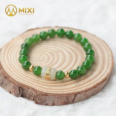 Vòng Tay Ngọc Bích Nephrite 2A_8 Mix Lu Thống Nephrite Mạ Vàng Bi Vàng 24K_4