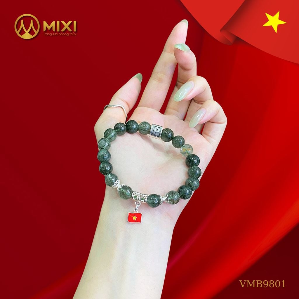 VT Thạch Anh Tóc Xanh 1A_9 Mix Charm Chữ Bạc Nam P và Lá Cờ Treo