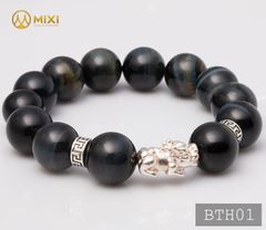 VT Đá Mắt Hổ Xanh Đen 1A_14 Mix Charm Tỳ Hưu Bạc 999_18_BTH01