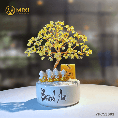 Cây Tài Lộc Hũ Tròn Chữ Bình An Thạch Anh Vàng