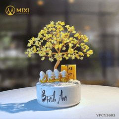 Cây Tài Lộc Hũ Tròn Chữ Bình An Thạch Anh Vàng