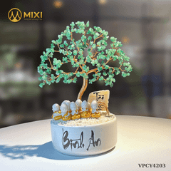Cây Tài Lộc Hũ Tròn Chữ Bình An Thạch Anh Xanh