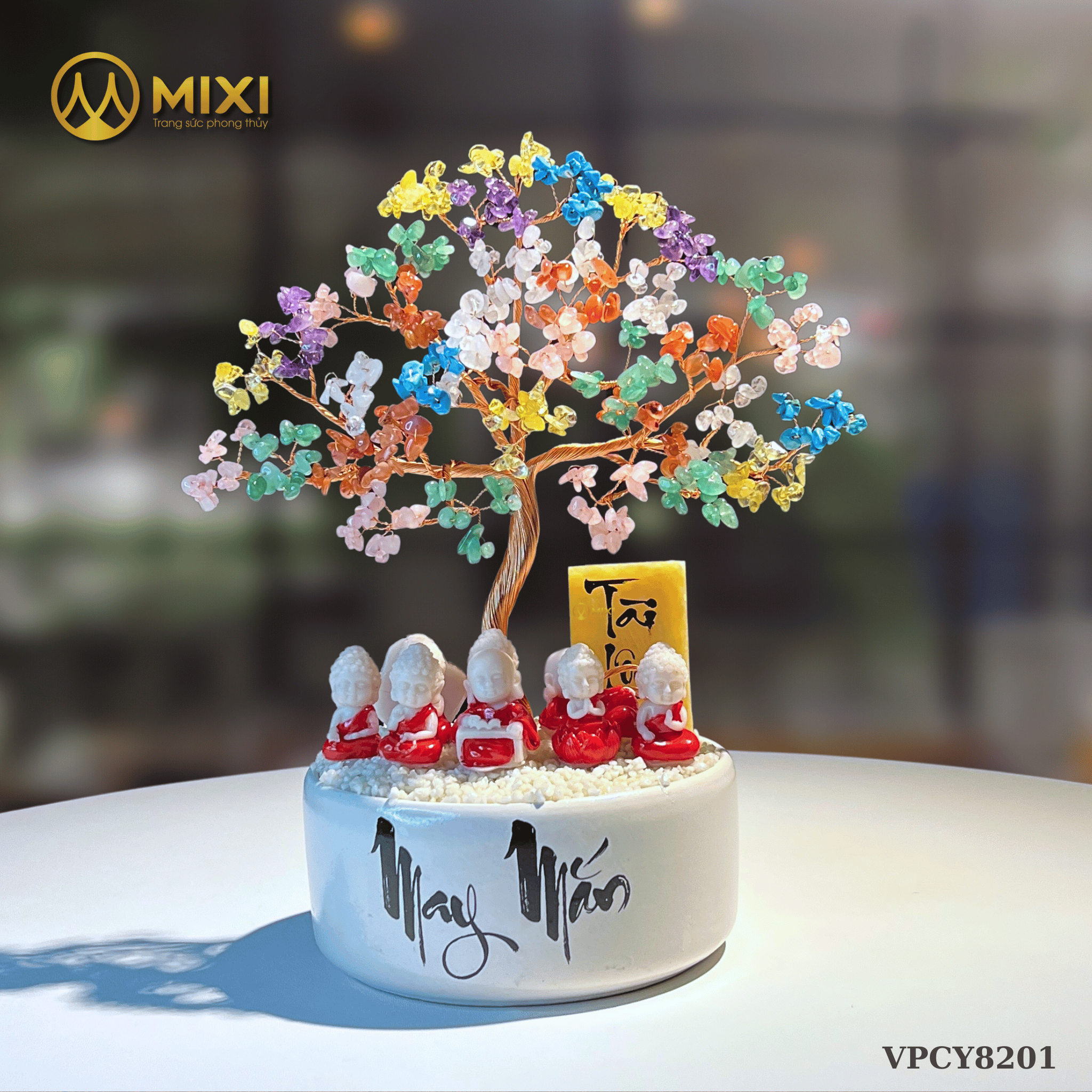 Cây Tài Lộc Hũ Tròn Chữ May Mắn Thạch Anh Đa Sắc