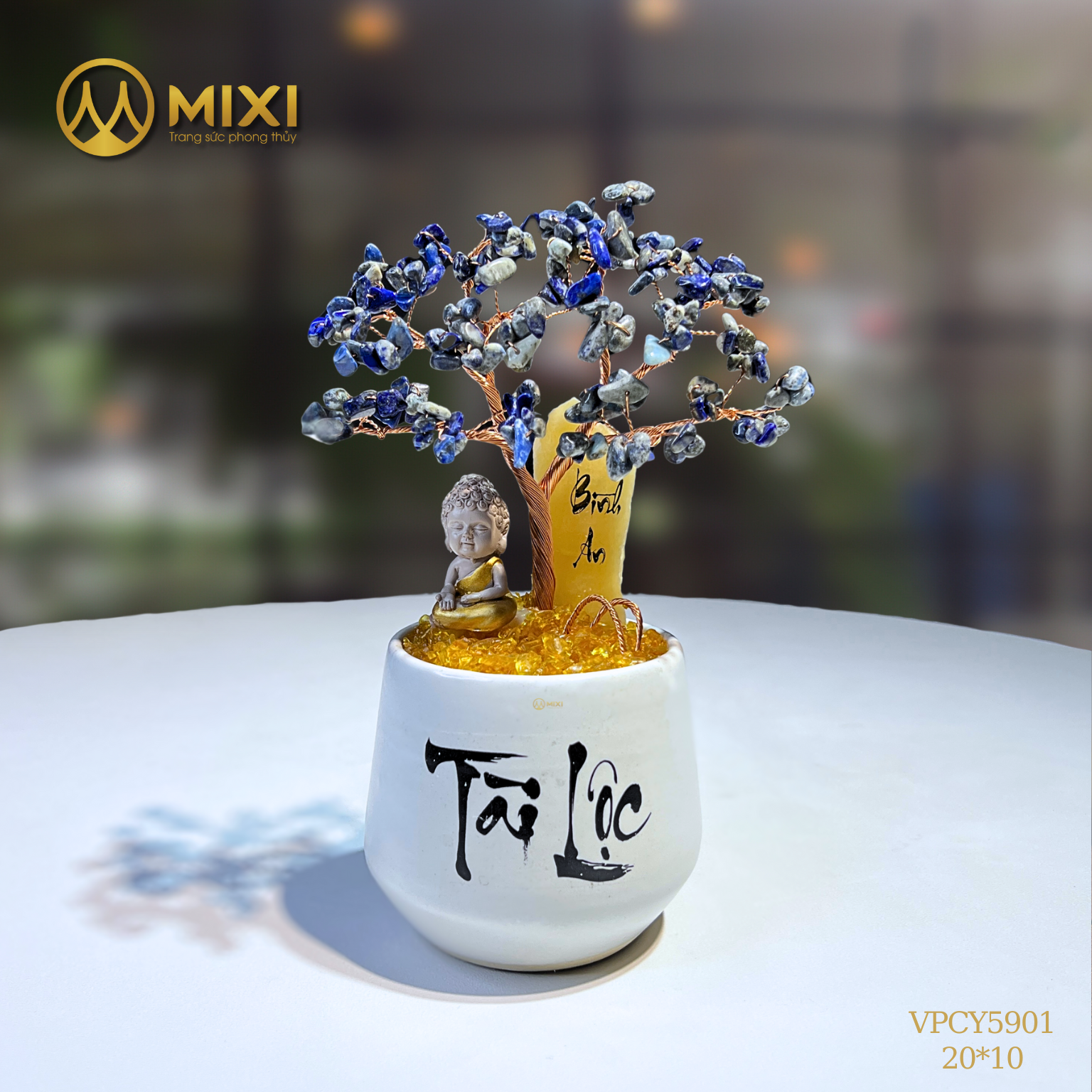 Cây Tài Lộc Hũ Tròn Chữ Tài Lộc Đá Lapis