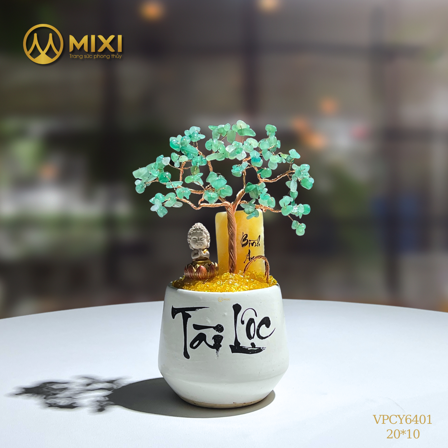 Cây Tài Lộc Hũ Tròn Chữ Tài Lộc Thạch Anh Xanh