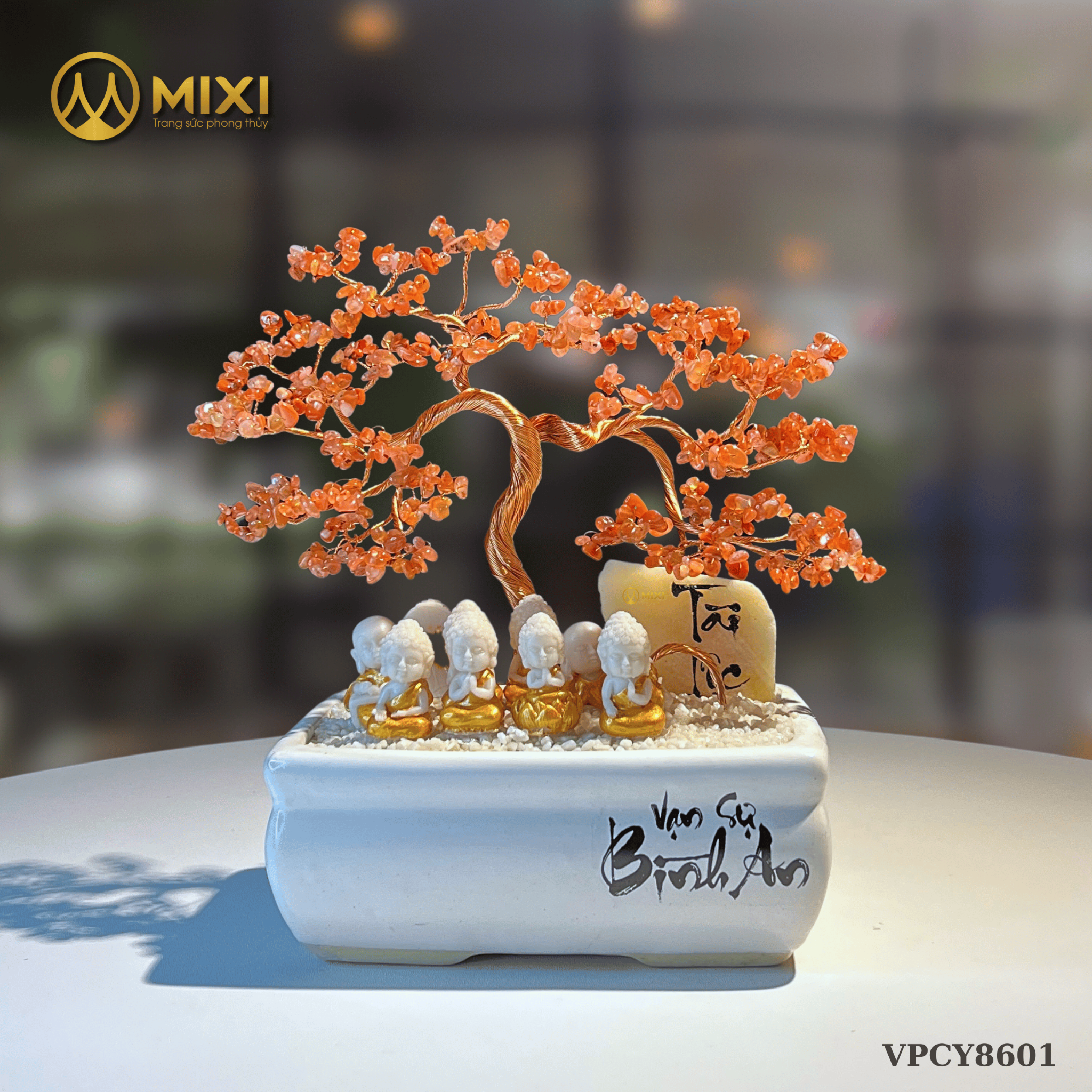 Cây Tài Lộc Hũ Vuông Bon Sai Chữ Bình An Mã Não Đỏ