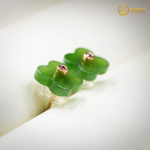 Hoa Tai Ngọc Bích Nephrite 4 Lá Đính Ruby Vàng 18K