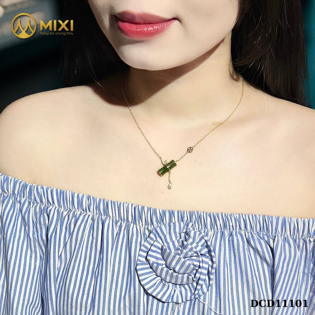 Dây Chuyền Bạc Nữ Mặt Ngọc Bích Nephrite 2A Hình Đốt Trúc Mạ Vàng