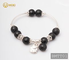 VT Đá Núi Lửa Obsidian Nhám Kinh Phật_10 Mix Charm Mèo Thần Tài Treo Bạc 999_BMTT01