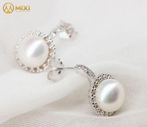 Đôi Hoa Tai Ngọc Trai Trắng Viền Tròn