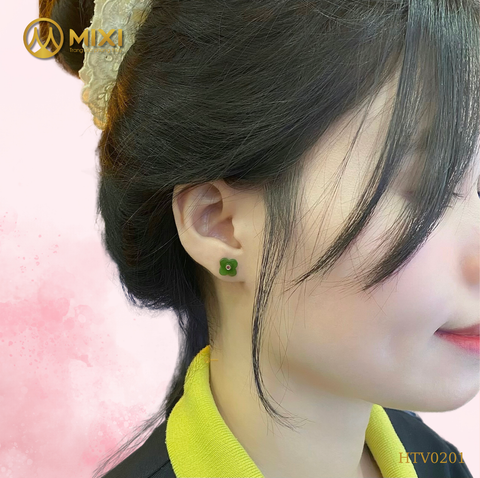 Hoa Tai Ngọc Bích Nephrite 4 Lá Đính Ruby Vàng 18K
