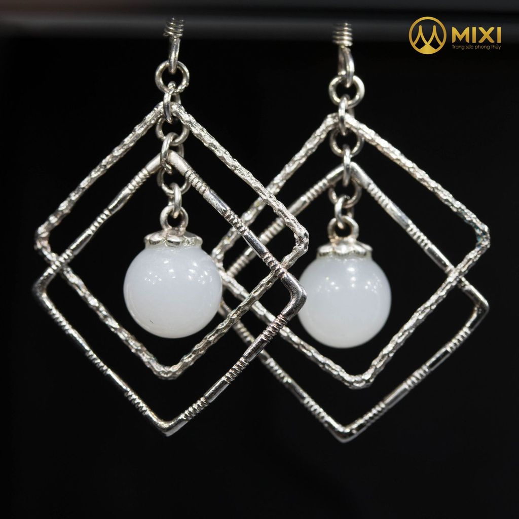 Hoa Tai Bạc Ngọc Bích Trắng Bích Nephrite Hình Vuông