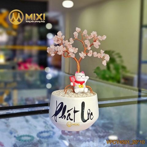 Cây Tài Lộc Hũ Tròn Chữ Phát Lộc Thạch Anh Hồng