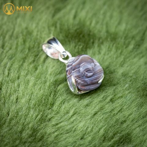 Mặt Dây Hoa Mẫu Đơn Mã Não Vân Trắng Bọc Bạc