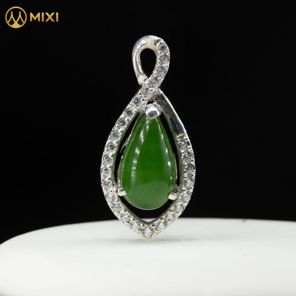 Mặt Dây Ngọc Bích Nephrite Hình Giọt Nước Bọc Bạc