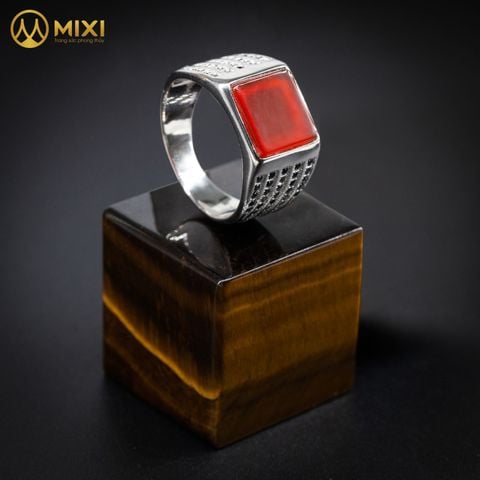 Nhẫn Bạc Nam Mặt Đá Mã Não Đỏ Sủi Đá