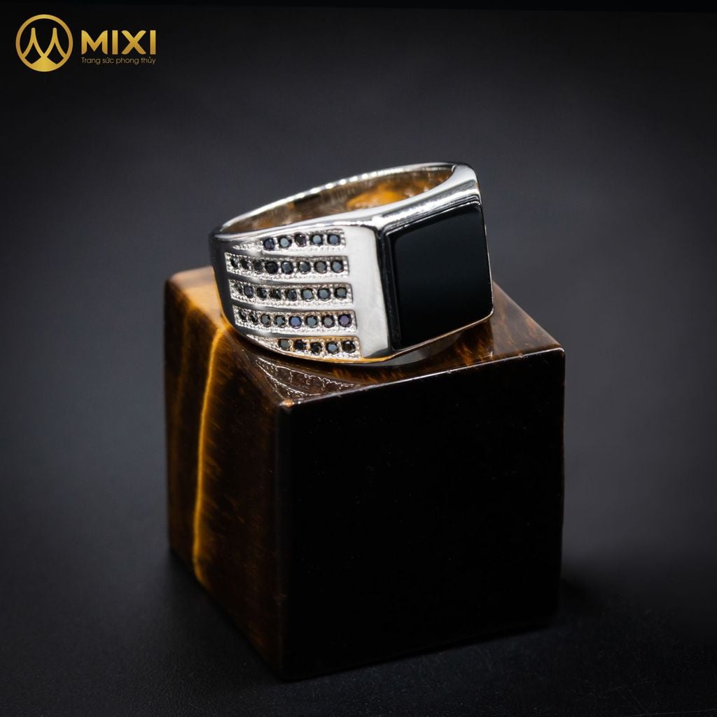 Nhẫn Bạc Nam Mặt Đá Núi Lửa Obsidian Sủi Đá