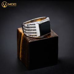 Nhẫn Bạc Nam Mặt Đá Núi Lửa Obsidian Sủi Đá