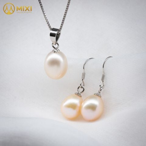 Bộ Dây Chuyền và Hoa Tai Bạc Ngọc Trai Hồng