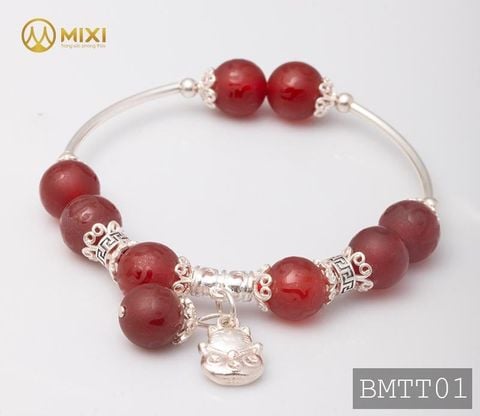 VT Đá Mã Não Đỏ Nhám Kinh Phật_10 Mix Charm Mèo Thần Tài Treo Bạc 999_BMTT01