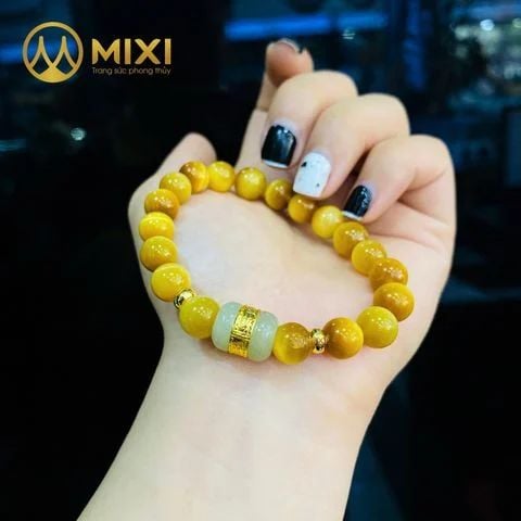 Vòng Tay Mắt Hổ Vàng Tươi 2A_8 Mix Lu Thống Nephrite Mạ Vàng