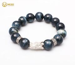 VT Đá Mắt Hổ Xanh Đen 1A_14 Mix Charm Đầu Rồng Bạc 999_BDR02