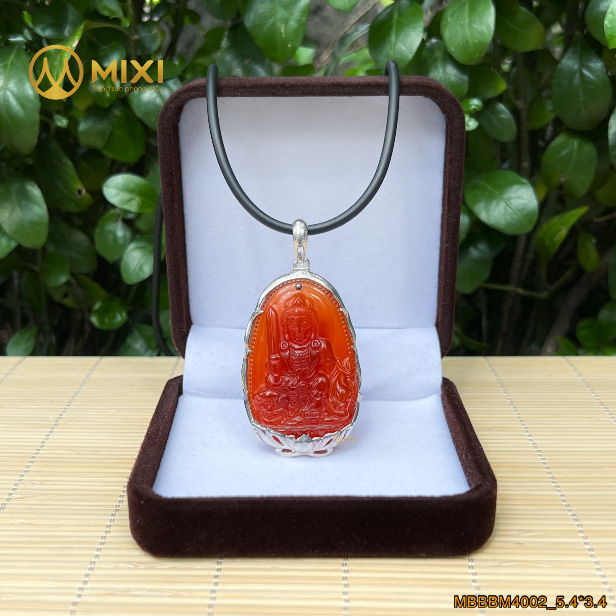 PBM Văn Thù Bồ Tát Mã Não Đỏ Bọc Bạc