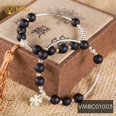 VT Đá Núi Lửa Obsidian Nhám_8 Mix Charm Cỏ 4 Lá Bạc 999_BBL03