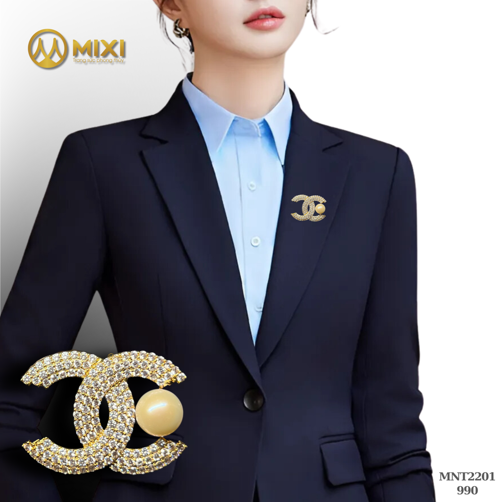 Trâm Cài Áo Đính Đá Và Ngọc Trai Cao Cấp Hình Chanel_Vàng
