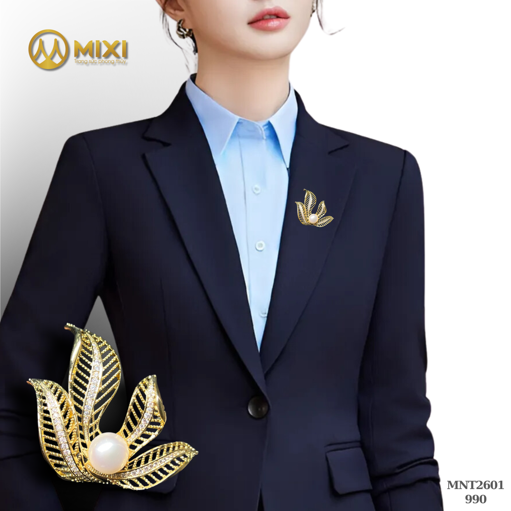 Trâm Cài Áo Đính Đá Và Ngọc Trai Cao Cấp Hình Lá