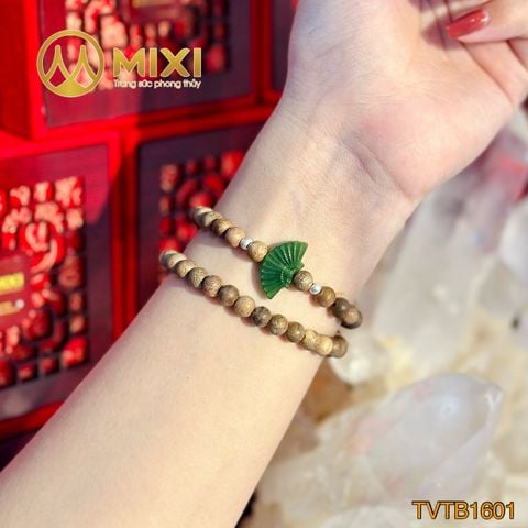 Vòng Tay Quấn 2 Gỗ Trầm Hương Tốc Vườn 6 Mix Mặt Đá Ngọc Bích Nephrite Hình Quạt