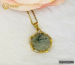 Mặt Dây Hoa Mẫu Đơn Thạch Anh Tóc Xanh_1.8 Bọc Vàng 10k Sủi Đá