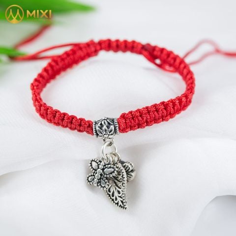 Vòng Tay Chỉ Đỏ Mix Charm Bạc Thái Tam Hoa Lá Bướm
