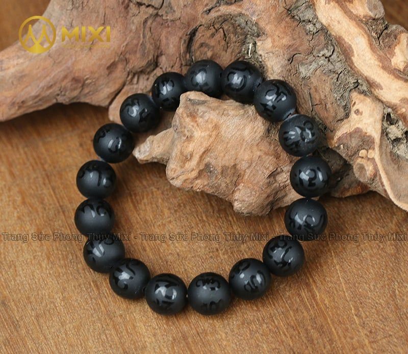 Vòng Tay Đá Núi Lửa Obsidian Khắc Kinh Phật