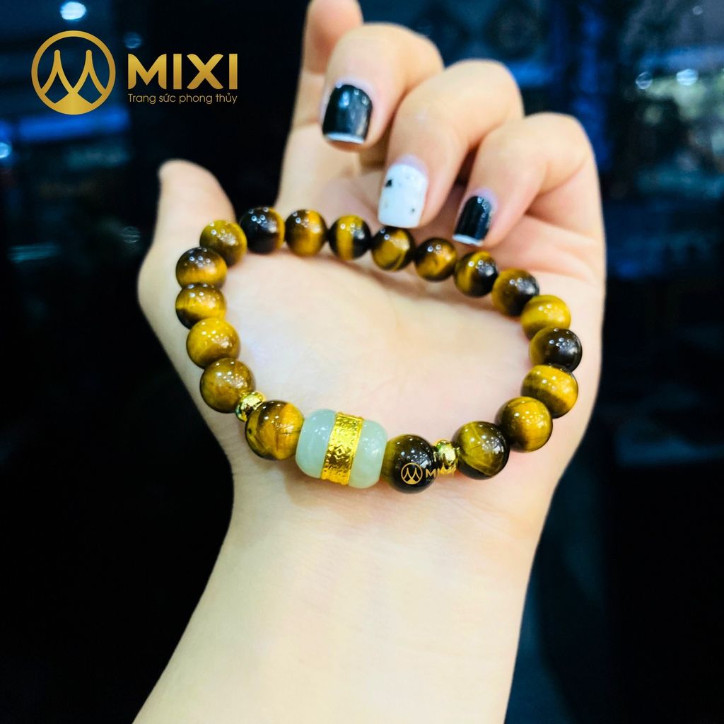 Vòng Tay Mắt Hổ Nâu 2A_8 Mix Lu Thống Nephrite Mạ Vàng