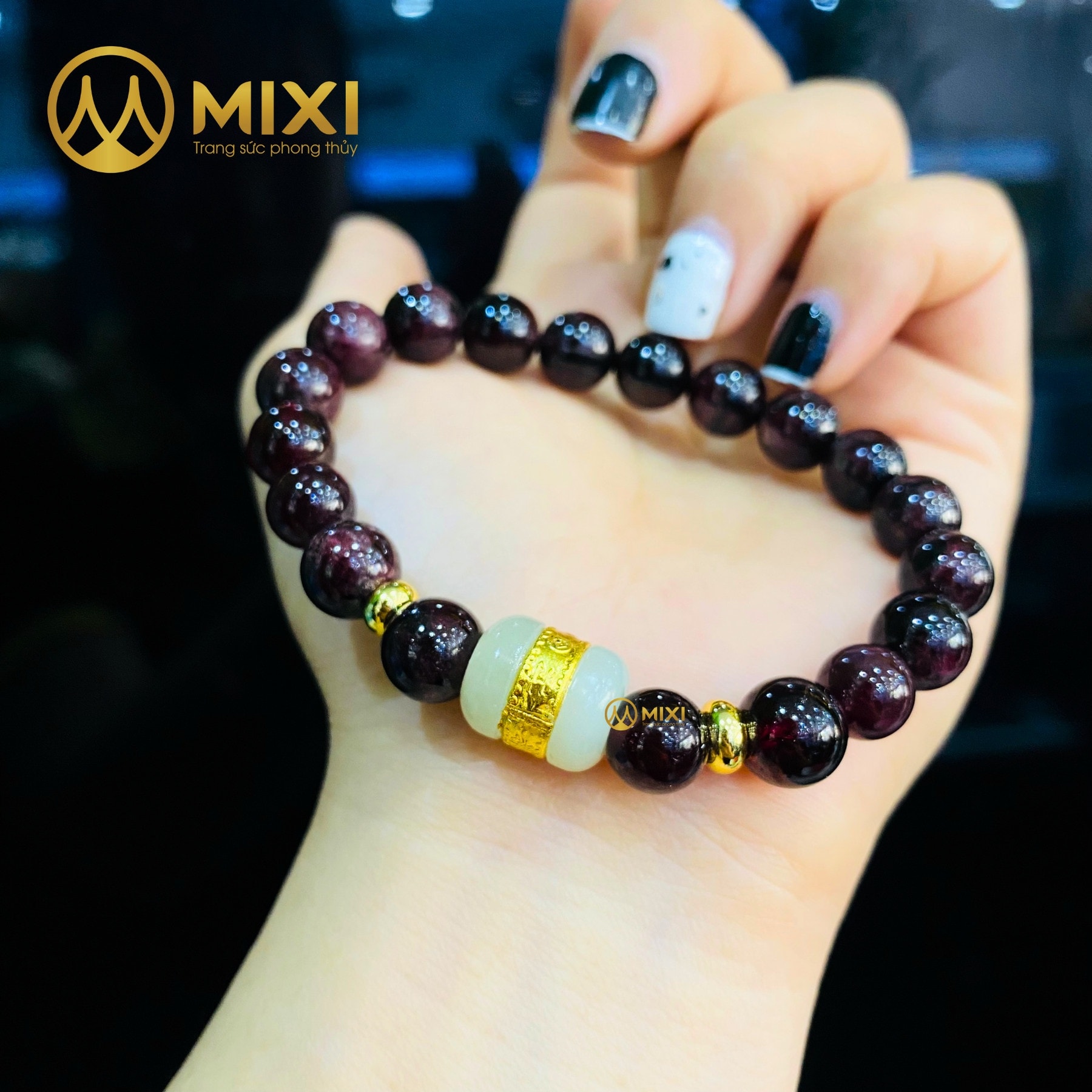 Vòng Tay Ngọc Hồng Lựu Granat 1A_8 Mix Lu Thống Nephrite Mạ Vàng