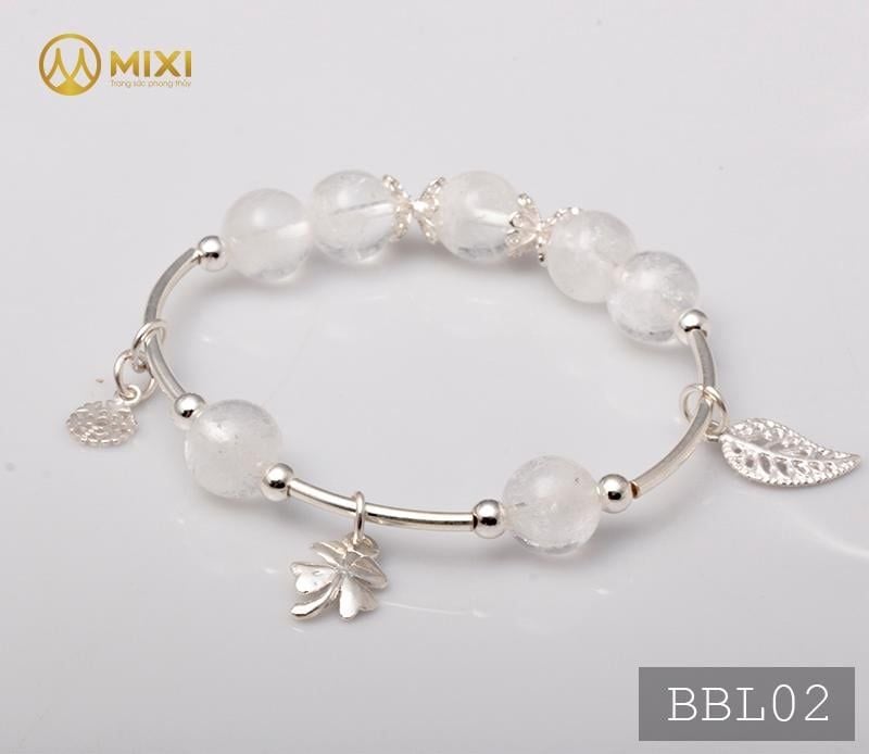 VT Đá Thạch Anh Ưu Linh Trắng 2A_10 Mix Charm Cỏ 4 Lá Bạc 999_BBL02