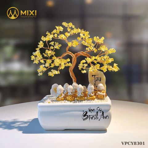Cây Tài Lộc Hũ Vuông Bon Sai Chữ Bình An Thạch Anh Vàng